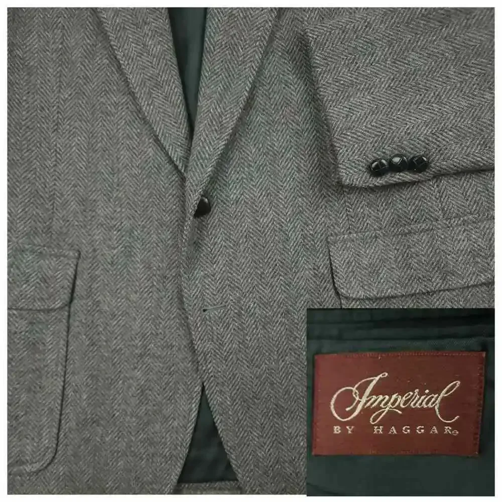 Vtg 70s Ivy Style Patch Pocket Tweed Jacket Mens 40R Wool Herringbone USA Gray
